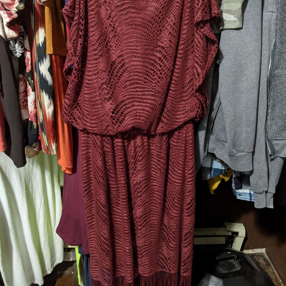Lace fringe layered western burgundy dress
